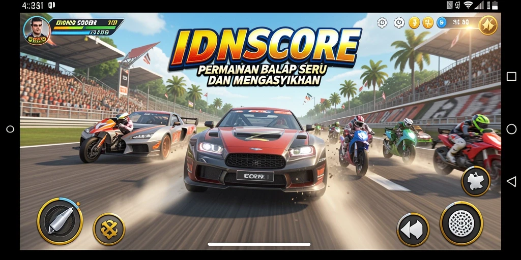 Tampilan gameplay balap yang mendebarkan di IDNSCORE.