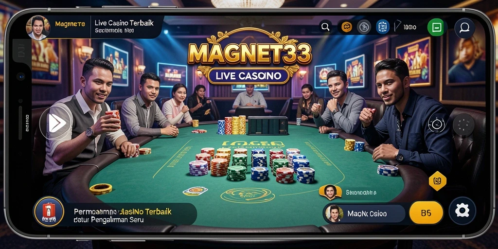 Screenshot utama MAGNET33 menampilkan dealer langsung dan permainan kasino yang interaktif.