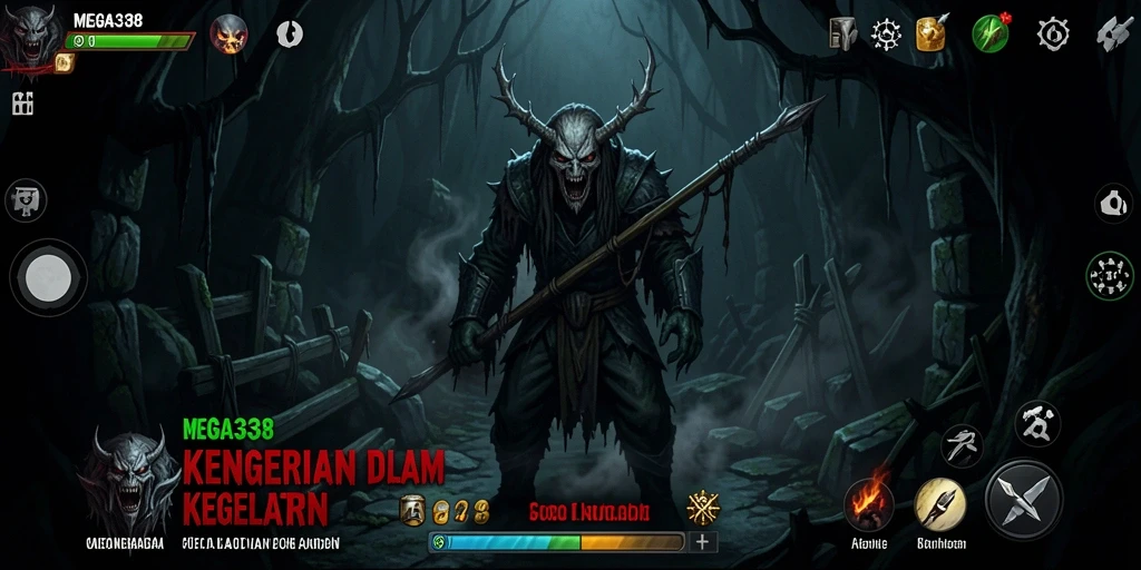 Screenshot gameplay MEGA338 menampilkan aksi seram dalam kegelapan.